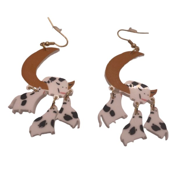 ⭐❤️ FREE Cow Moon Jumping Animal Chic Glam Farm Hipster Drop Cartoon Earrings - Picture 1 of 5